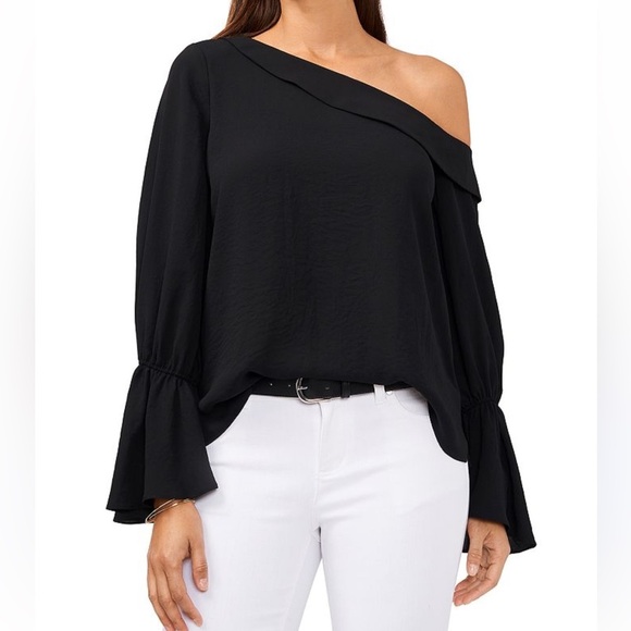 Vince Camuto Rich Black Summer 3 one shoulder 3/4 sleeves ruffle top blouse 1X - Picture 1 of 13